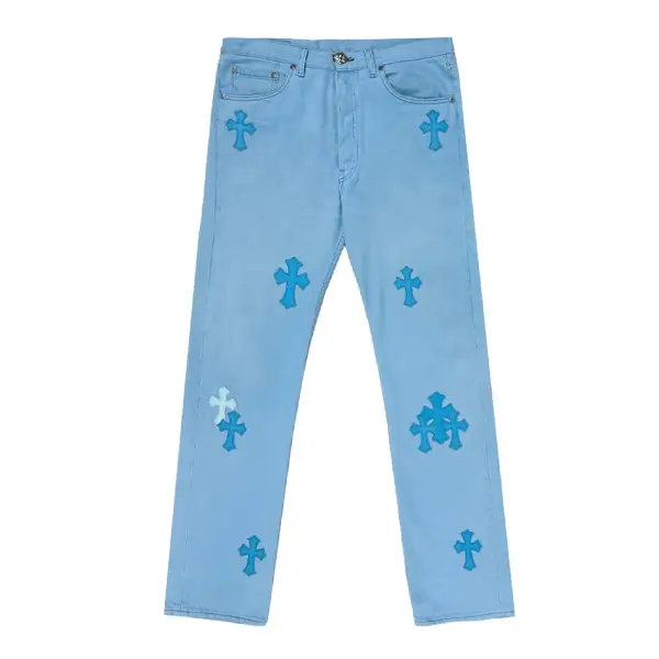 Chrome Hearts Leather Cross Patch Drake Blue Jeans