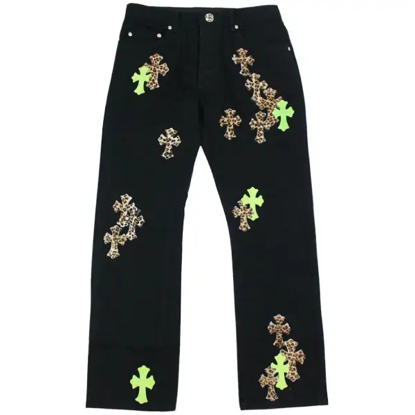 Chrome Hearts Green & Leopard Cross Patch Jeans