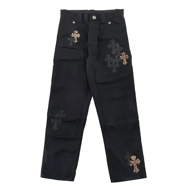 Chrome Hearts Leopard Cross Carpenter Black Leather Pants